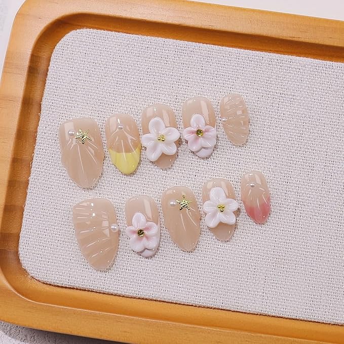 Handmade Press on Nails Rhinestones Press on Nails French Tip Short Almond Fake Nails with 3D Flower Fake Nails Full Cover Design False Nails Reusable Acrylic Nails for Women Art Manicure (Size S)