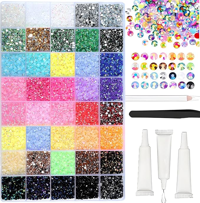 Bedazzling Kit with Rhinestones, Resin Rhinestone Kit for Bedazzling, 3mm Flatback Bedazzling Gems with Tweezers & Glue, Gems for Crafting, Nail Art & DIY Decor (32000Pcs)
