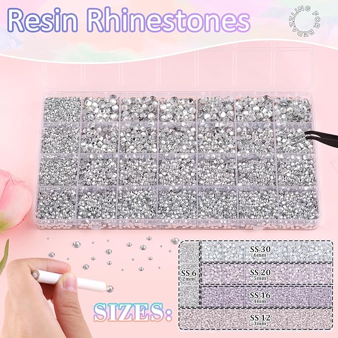 30000Pcs Resin Rhinestones for Bedazzling with B7000 Jewelry Glue, Clear Flatback Gems Rhinestones for Crafting, Clothing Tumblers Mugs Shoes Fabric Decor Nail Art