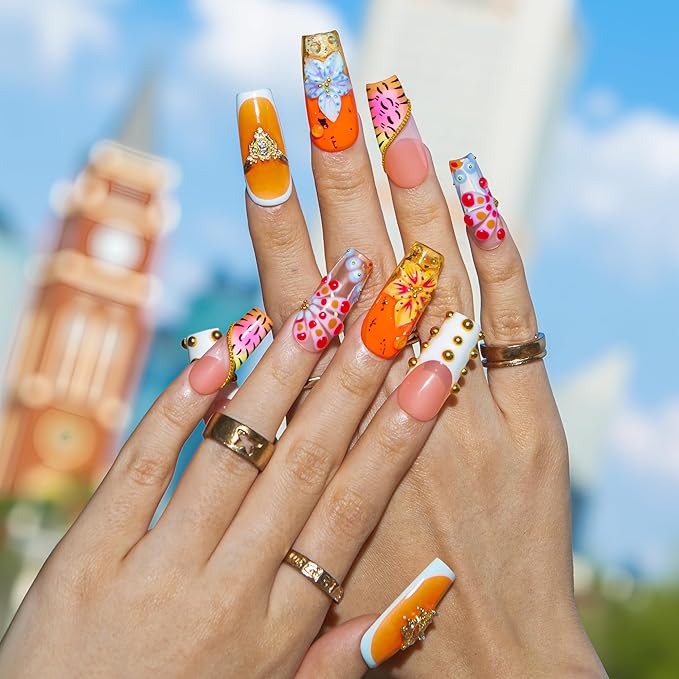 LOVFUL Short Press on Nails Tropical Trouble | Handmade Acrylic Press ons | Reusable Fake False Nails | Square Classic Regular 1.3in | H612-L