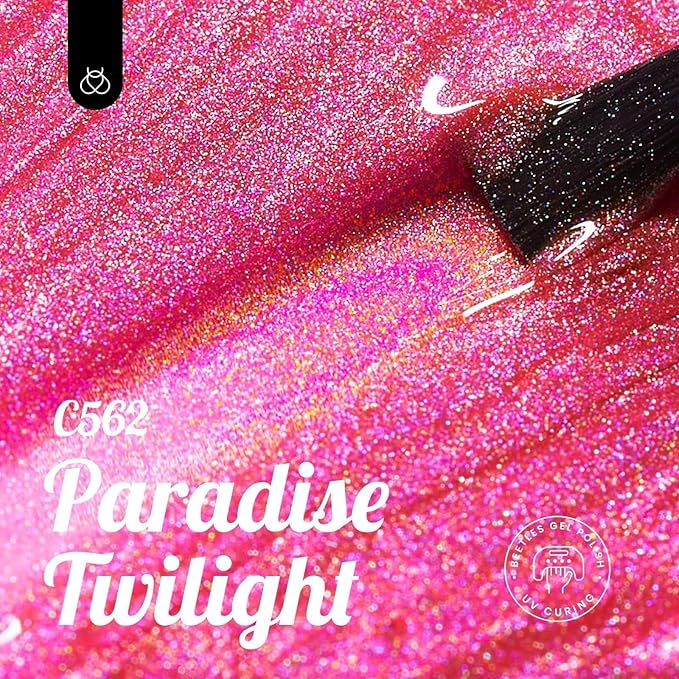 Beetles Pink Glitter Gel Polish – Paradise Twilight Gel Nail Polish, Reflective Glitter Shimmer Pink Flash Dimond Mermaid Unicorn Effect Valentines Nails Soak Off UV LED 15ml