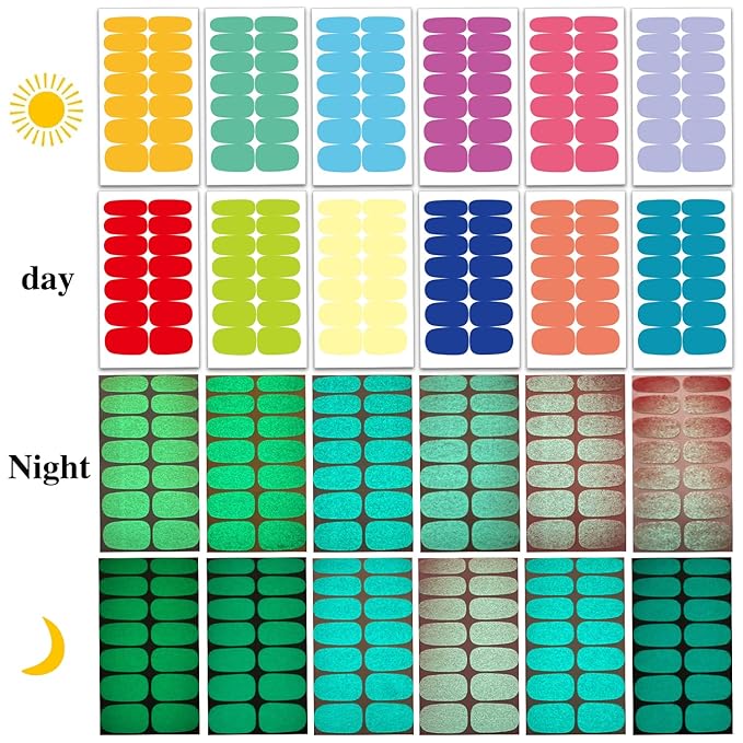WOKOTO 12 Sheets Luminous Solid Nail Polish Strips with File - Self-Adhesive Glow in Dark Gel Nail Strips Stick On Nails Stickers Full Wraps for Women Nail Art Polish Stickers for Nails
