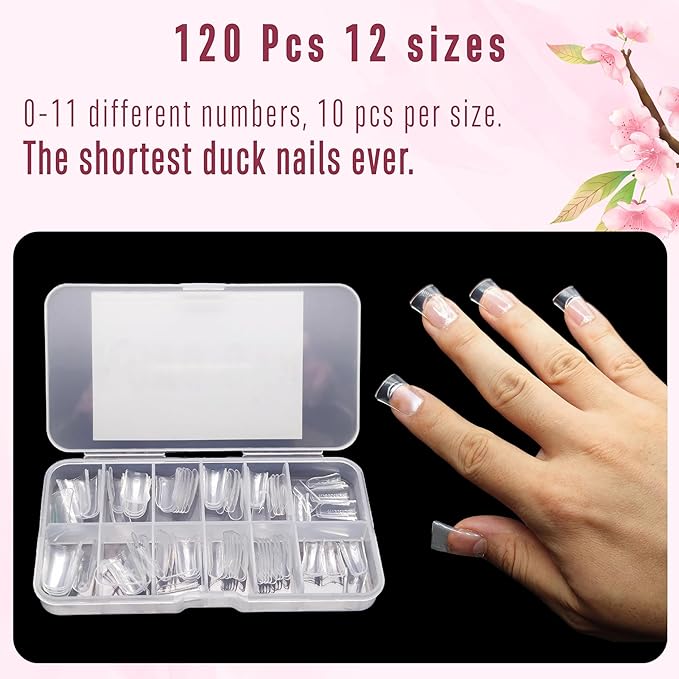 NOVO OVO Duck Feet Nail Tips for Small and Medium Hand, Extra Short Full Cover Press On Acrylic, Clear Full Coverage Thick Flare French Soft Gel Fake False Nail Extension x 12 Sizes 120 pcs