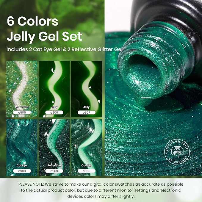 beetles Gel Polish Green Gel Nail Polish Set, St Patrick Day 6 Colors Cat Eye Jelly Glitter for Salon Manicure Nail Art DIY at Home UV LED Needed Gifts for Women Girls Enchanted Forest
