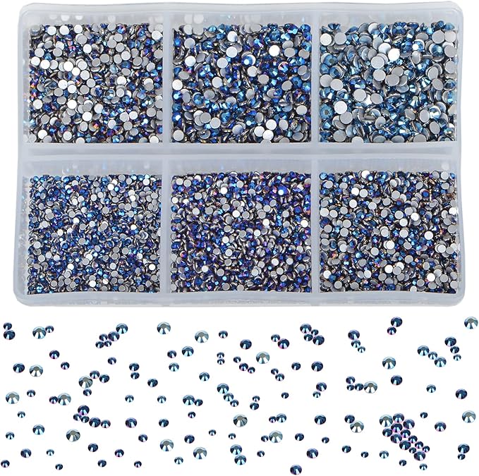 Bymitel 7200 Pieces 6 Mixed Sizes Glue Fix on Glass Rhinestones Round Crystal Gems Flatback for DIY Jewelry Making with one Picking Pen (6-Sizes 7200PCS, Mine Blue)