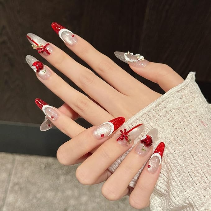 Christmas Press On Nails, Angora Red Cat Eye French Tips with Bow Design, Long Stiletto Shape, 10 Pieces (Medium, LS)