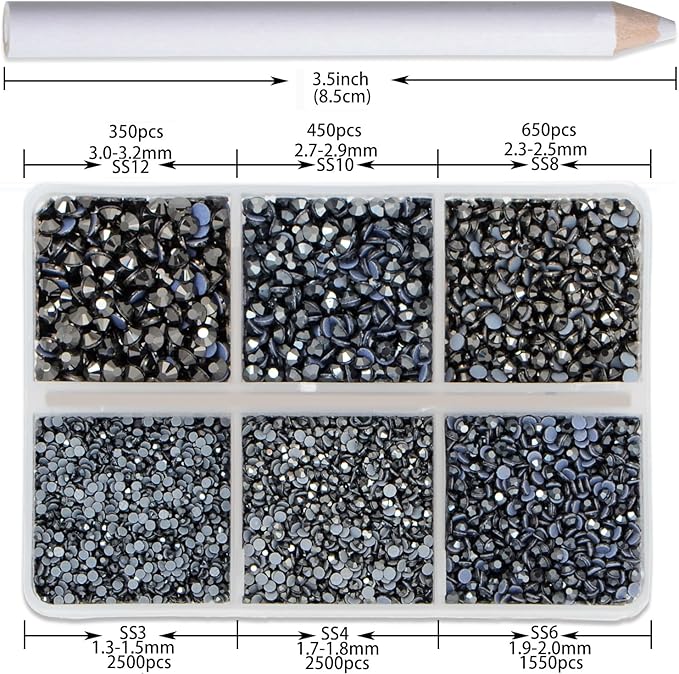 8000pcs Hotfix Rhinestones Flatback,Rhinestones for Crafts Clothes Mixed 6 Sizes, Hotfix Crystals with Wax Pencil Kit, SS3-SS12,Jet Hematite