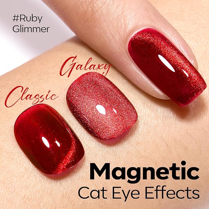 modelones Red Cat Eye Gel Nail Polish Magnetic Glitter Holographic Red Ruby Valentine Gel Polish Reflective Jelly Translucent UV Gel Manicure 15 ML