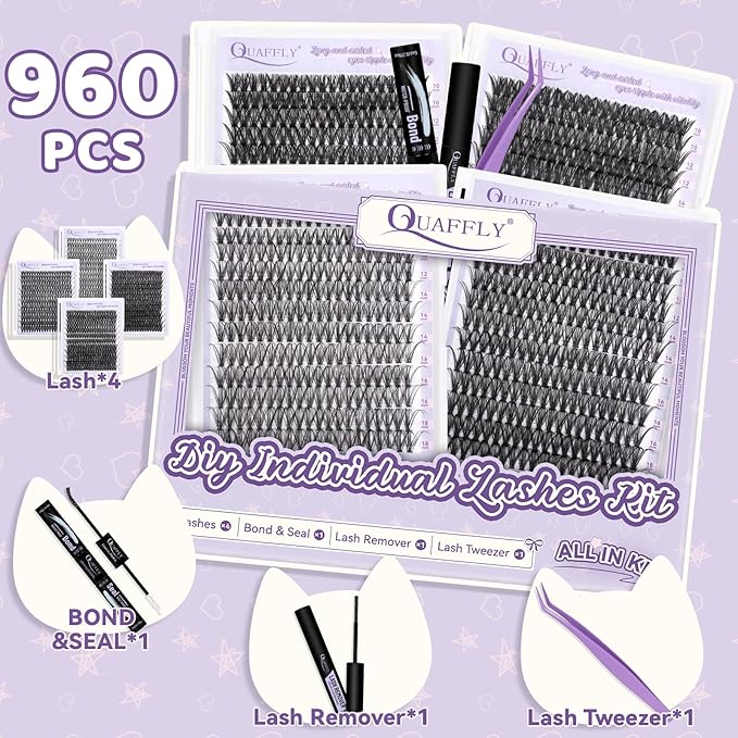 Lash Extension Kit 960Pcs D Curl Individual Lashes Kit Includes 4 styles of Lash Bond and Seal Remover and Tweezers (10-18MM-30+40+60+80D)