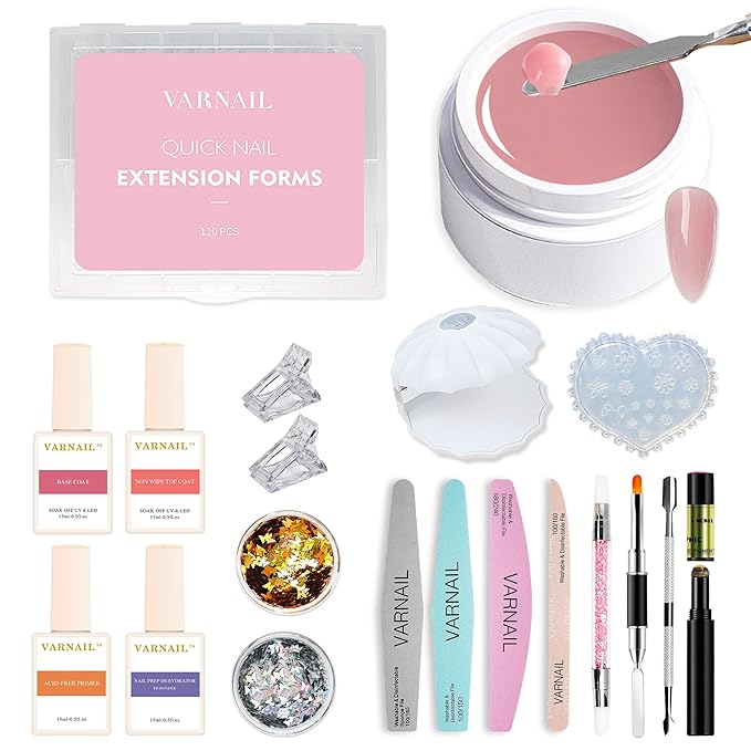 VARNAIL Nail Extension Kit Solid Building Gel, Non-sticky Nail Building Gel with Basic Gel and Tools, Lamp, Accessories, Poly Gel Kit for Beginners Nail Art DIY Home (Nude Gel)