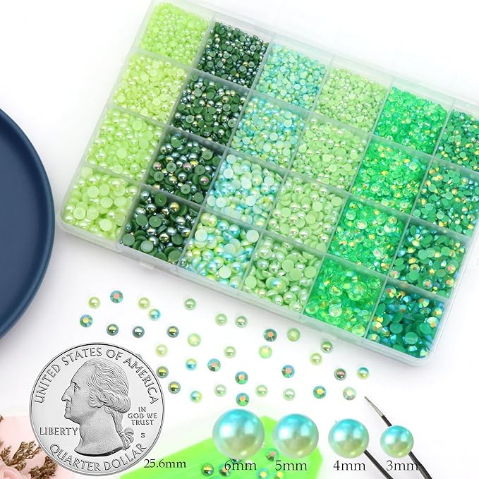 RODAKY 24000PCS Pearls Rhinestones Kit for Craft Green Resin Crystal Rhinestones Bedazzling Non Hotfix Gems Beads for Manicure DIY St Patricks Day Crafts Tumblers Clothes Makeup