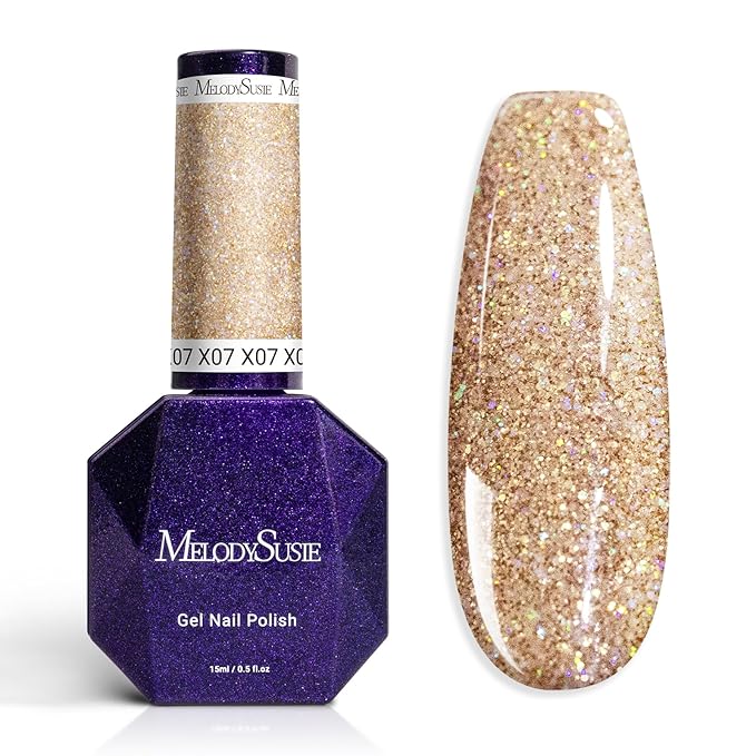 MelodySusie Galaliver Gold Glitter Gel Nail Polish, 15ML Sparkly Champagne Shimmer Gel Polish Soak Off UV LED Cured Long Lasting Gift for Women DIY Nail Design Nail Art Manicure X07