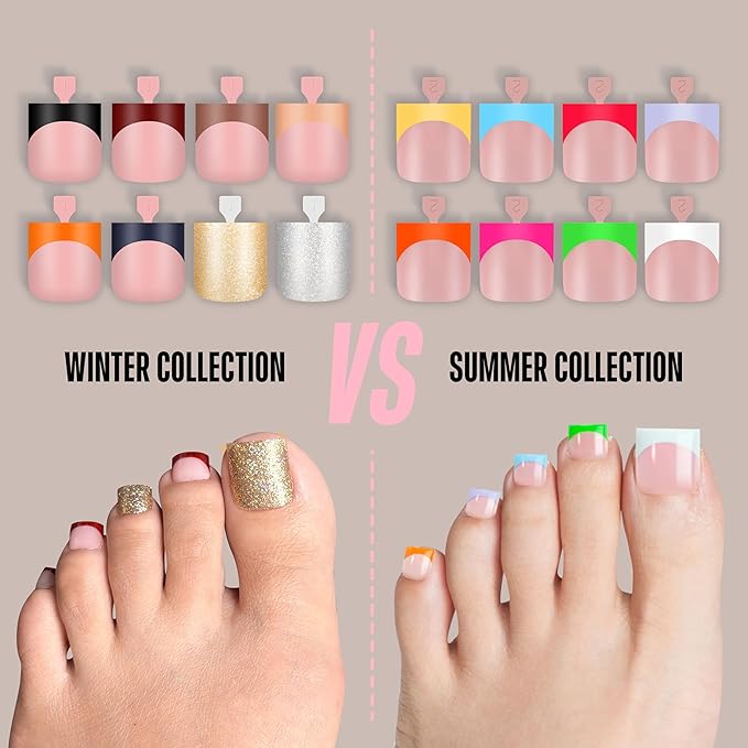 8 MIXED WINTER COLOR French Tip Toe Nail Tips Press on, BABY PINK Sharp Square Medium Wide Fake Toenails, Full Cover Acrylic,Builder Gel & Top Coat,Need Nail Glue,for DIY x 15 Sizes 240 pcs