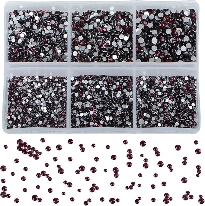 Bymitel 7200 Pieces 6 Mixed Sizes Glue Fix on Glass Rhinestones Round Crystal Gems Flatback for DIY Jewelry Making with one Picking Pen(6-Sizes 7200PCS, Amethyst)