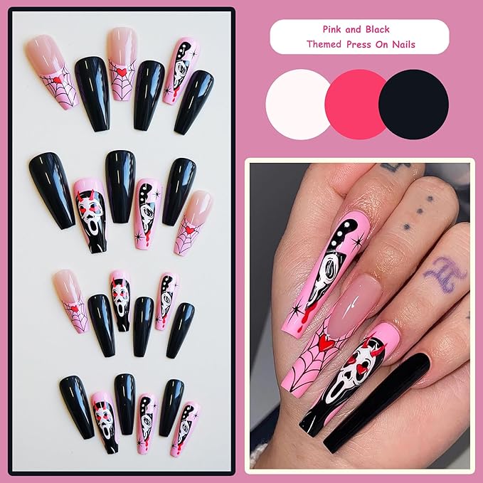 24pc Pink and Black Long Square Press On Nails with Blood Knife and Cobweb for Costumes, Reusable Nail Kit with Adhesive Tabs, 12 Sizes (Pink and Black)