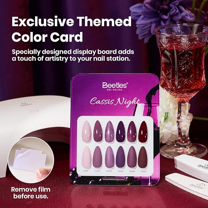 beetles Purple Gel Polish Set - 6 Colors Cassis Night Collection HEMA-Free 15ml Dark Purple Glitter Shimmer Color Nails with Swatch Card, Home Salon Soak Off UV LED Valentines Gift for Women