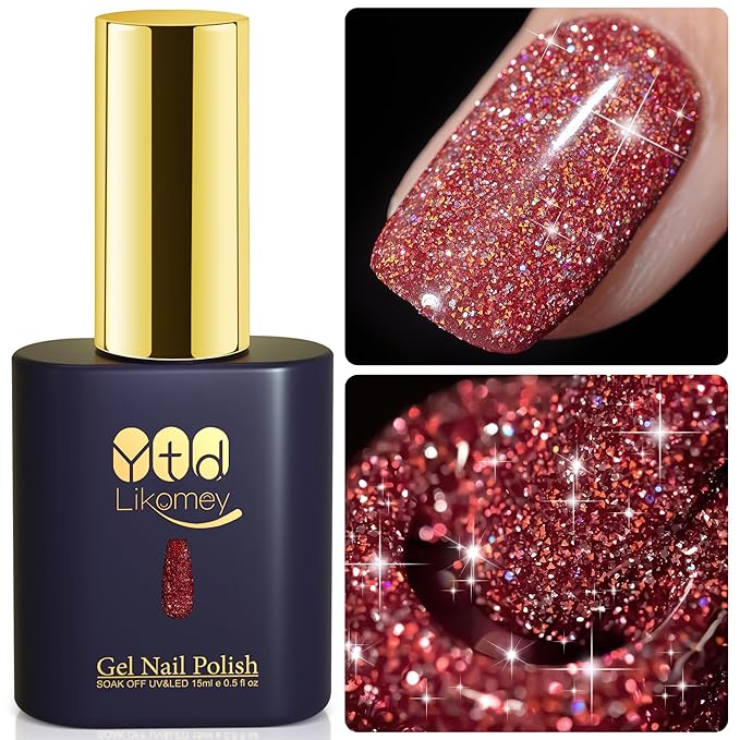 YTD Likomey Colorful Reflective Glitter Gel Nail Polish,15ml Red Flash Diamond Shimmer Nails Gel,Sparkly Shiny Salon Home Fall Winter Manicure UV Varnish,SZ395