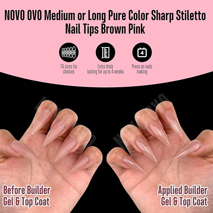 NOVO OVO Sharp Stiletto Nail Tips Press on Medium Long Pure Color Brown Pink, Pointed Soft Gel Fake Acrylic Extension, Full Cover False Nails for Salon DIY x 16 Sizes 224 pcs