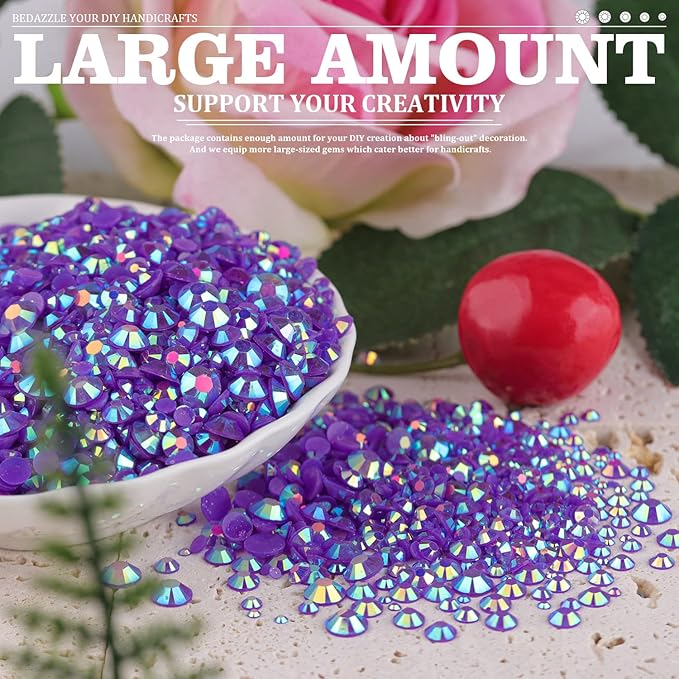 5000PCS Resin Rhinestones with Tweezers for Crafting, 2/3/4/5/6mm Flatback Jelly Rhinestones, 3 Box Dark Purple AB Non Hotfix Crystal Gems for DIY Crafts Mugs Tumblers Clothes Makeup Nail