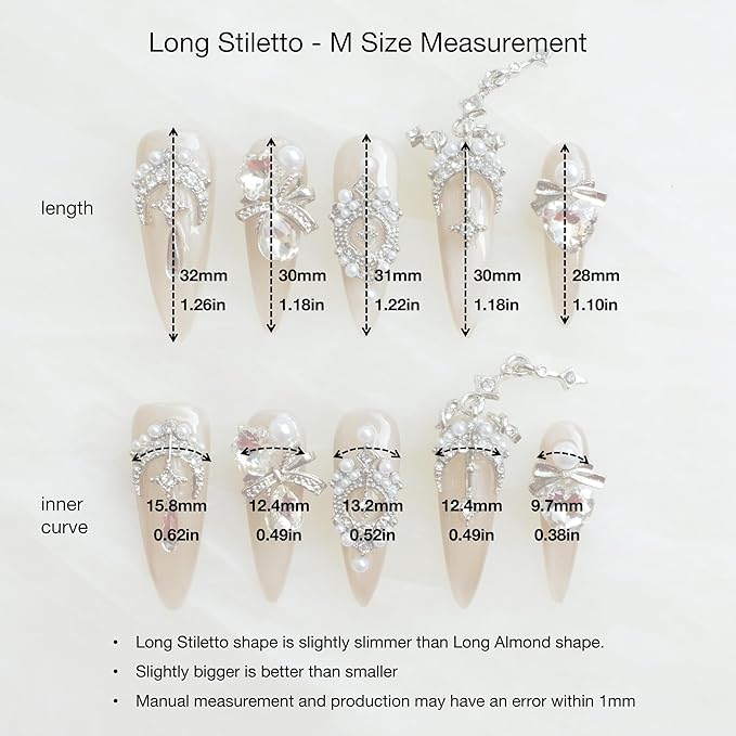 [GLORS] Luxury Press-On Nails, Nude False Nails with Rhinestones and Pearl Chain in Long Stiletto, 10 Pieces (M, LS)