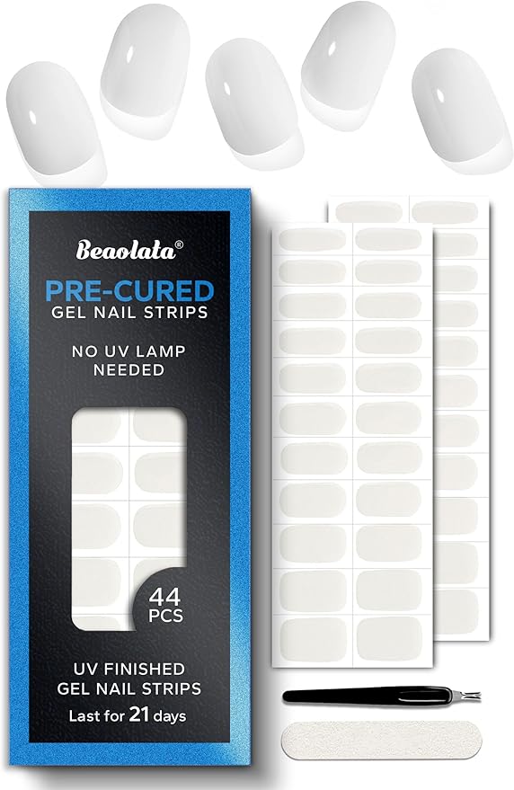 Real Gel Nail Strips (No UV Light Needed) - 44Pcs Salon Quality Nail Stickers - Long Lasting Polish Wraps for Women, Easy Apply & Remove (White)