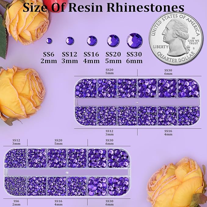 Resin Rhinestones for Crafting, 2 Boxes Purple Flatback Crystals for Bedazzling Crafts DIY Nail Art Deco, Non Hotfix Bulk Gems for Tumbler Shoes Clothing Fabric Face Makeup