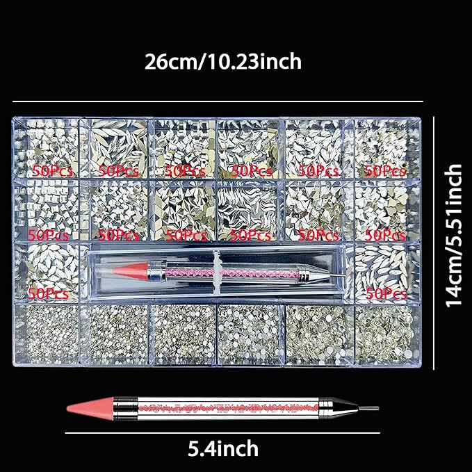 HUETFAT 14 Shaped Clear Nail Rhinestones for Art +6 Size Round Flatback Nails-Silver Charms with Wax Pen