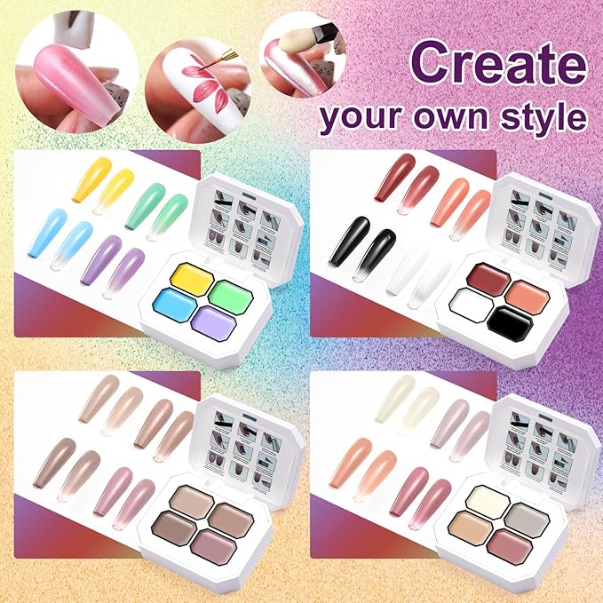 Gradient Gel Nail Set,16 Bright Color for Ombre Almond Nude White＆Black Color for Ombre Nail Polish with Tools Platte Kit, Pat Painting Gel French Nail Manicure No-wipe DIY Art Home Salon