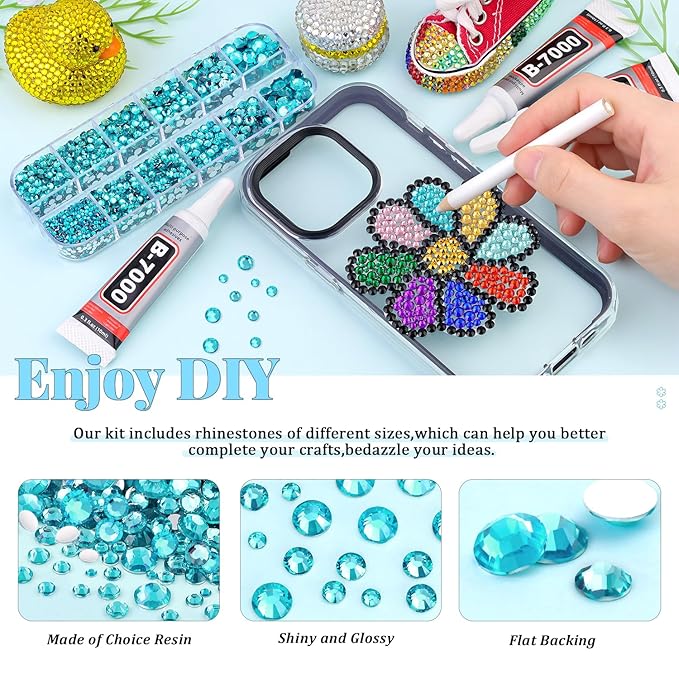 12000Pcs Resin Rhinestones for Bedazzling with 3Pcs B7000 Jewelry Glue, 2 Boxes Teal Blue Flatback Rhinestones for Crafting Crafts DIY, Crystals Gems for Clothing Shoes Tumblers Nail Art Makeup