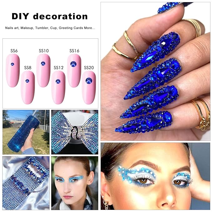 4240Pcs Flatback Royal Blue Rhinestones Glass Crystal Gems for Nail Art Face Jewels Glitter Round with Tweezers and Picking Pen (SS6~SS20 Set)
