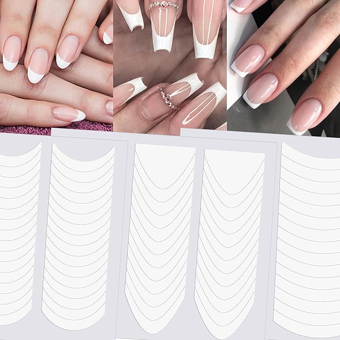 French Tip Nail Stickers, 90 Sheets 3420 Pieces Manicure Strips, 3 Designs Self-Adhesive Moon Shaped Tip Stickers Guide for DIY Decoration