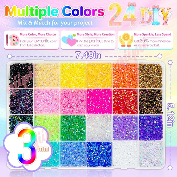 24 Color 13800pcs 3mm Jelly Resin Rhinestones for Bedazzling Crafting Flatback Stones Colorful AB Gems Diamonds for Nails Eyes Face Makeup Tumblers Bottles DIY Crafts Clothes Shoes Phones
