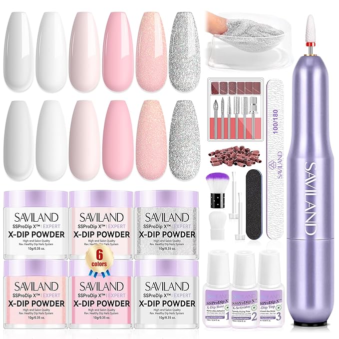 SAVILAND Dip Powder Nail Kit with Drill: 6 Color Winter Dip Nails Powder Starter Kit Pink Nude Glitter Clear with Liquid Set Base Top Activator French Manicure Beginner DIY Home Christmas Gift