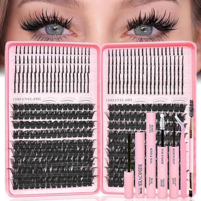 Lash Clusters Kit with Spikes, 120D+150D Eyelash Clusters Extensions Individual D Curl Fluffy Wispy False Eyelashes DlY Manga Lashes Extension Kit (12-22mm, Lash Clusters Kit)