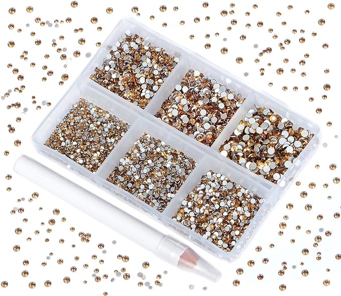 Bymitel 7200 Pieces 6 Mixed Sizes Glue Fix on Glass Rhinestones Round Crystal Gems Flatback for DIY Jewelry Making with one Picking Pen(6-Sizes 7200PCS, Lt. Topaz)