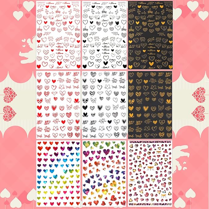 9 Sheets Heart Nail Stickers, 3D Valentine's Day Black Red Golden Laser Design Self-Adhesive Nail Art Decals, DIY Manicure Decoration Supplies Accessories for Women Girls