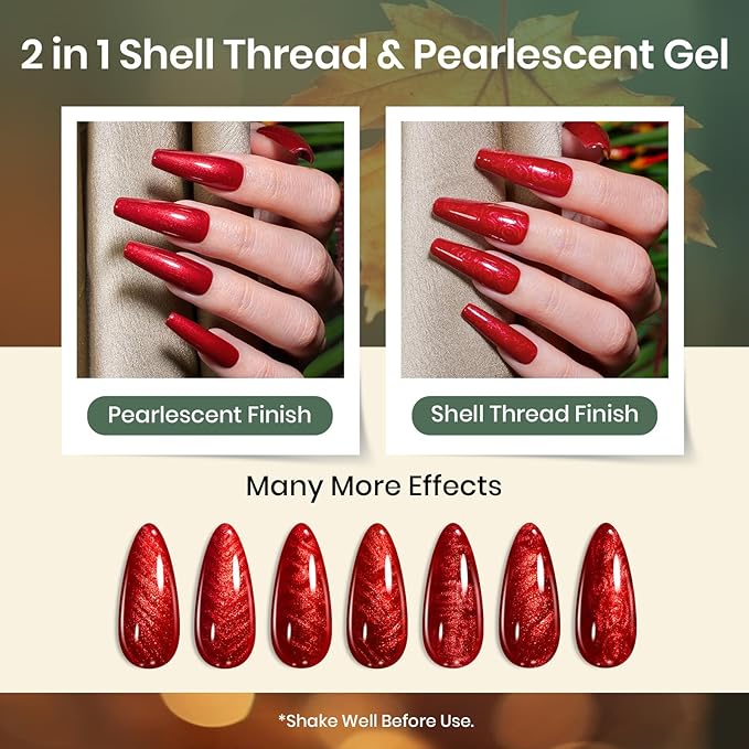 Beetles Cat Eye Gel Nail Polish Set, 6 Colors Red Burgundy Gel Olive Green Cat Eye and Pearl Nail Polish with Magnet Soak Off LED Nail Art Kit DIY Salon at Home Gifts for Women