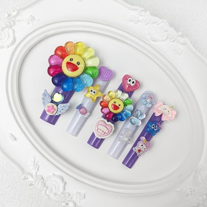 2025 Pastel Kawaii Rainbow Smile Flower Deco Press-On Nails | Handmade PMMA Acrylic Reusable Tips w/Box Gift for Girls (Sunny Parade, M)