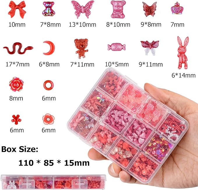 850 Pieces 3D Butterfly Rose Flower Bow Rabbit Bear Nail Charms Kit with Nail Art Rhinestones Pearls Crystal Gems Nail Slices for Manicure DIY Crafts Jewelry Accessories (Red)