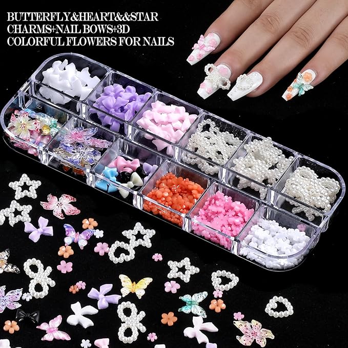 Nail Charms,Nail Gems, Flower Bow Butterfly Nail Charms and Gems,Nail Art Studs and Rhinestones,Nail Decorations Kit with Gold Beads,White Pearls for Nails,Nail Glitters and Stickers