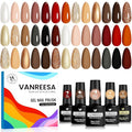 VANREESA 24 Pcs Gel Nail Polish Set -Elegant Colors Gel Polish with Base Coat & 4 Effects of Top Coat Pearl White Nude Brown Red Orange Gray Black Glitter Gel Polish Set Nail Kit Gifts for Women Girls