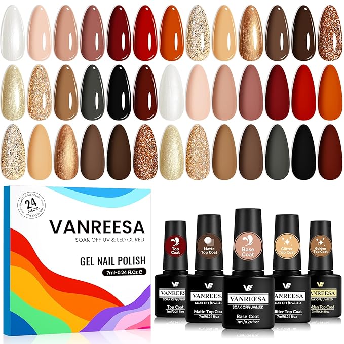 VANREESA 24 Pcs Gel Nail Polish Set -Elegant Colors Gel Polish with Base Coat & 4 Effects of Top Coat Pearl White Nude Brown Red Orange Gray Black Glitter Gel Polish Set Nail Kit Gifts for Women Girls