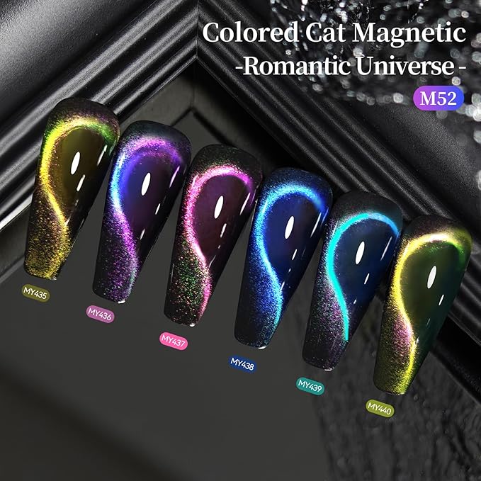 Born Pretty Cat Magnetic Eye Gel Nail Polish Set,Glitter Blue Pink Green Purple Holographic Magnetic Gel Polish Shimmer Auroras Gel Polish for Salon Manicure DIY 6PCS 7ML