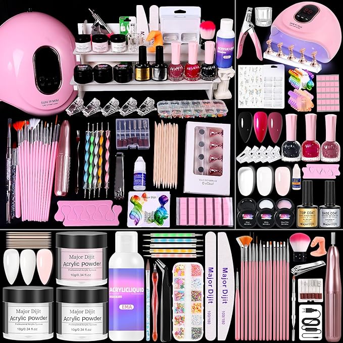 Acrylic Nail Kit with Everything for Beginners Starter Complete Set with Drill Light Nail Polish Extension Gel Nail Art Decoration Tools for Salon Starter Home Salon