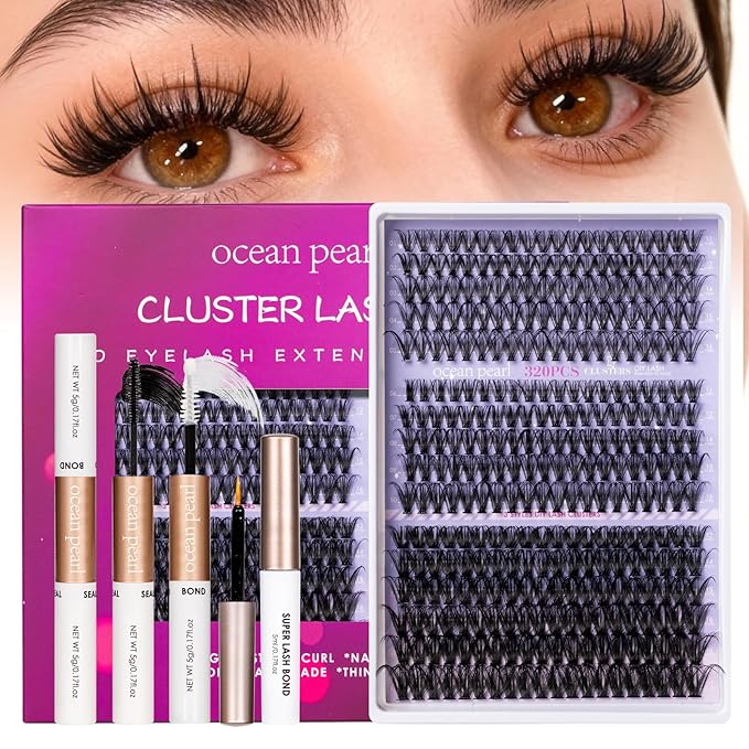 Ocean Pearl Lash Clusters 320PCS 11-20mm Lash Extension Kit 30D+40D+60D Eyelash Extension Kit Individual Lashes Thick Eyelash Clusters Lashes Clusters with Eyelashes Bond+Seal+Adhesive+Tweezer-60D