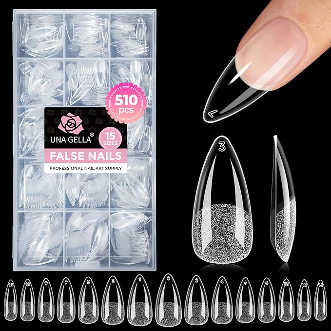 UNA GELLA Stiletto Gel Nail Tips:510Pcs Full Cover Nail Tips Medium Stiletto Almond Pre-etched Fake Clear Acrylic False Nails Sturdy Stiletto Press on Nails for Nail Extensions Home DIY Salon 15 Sizes