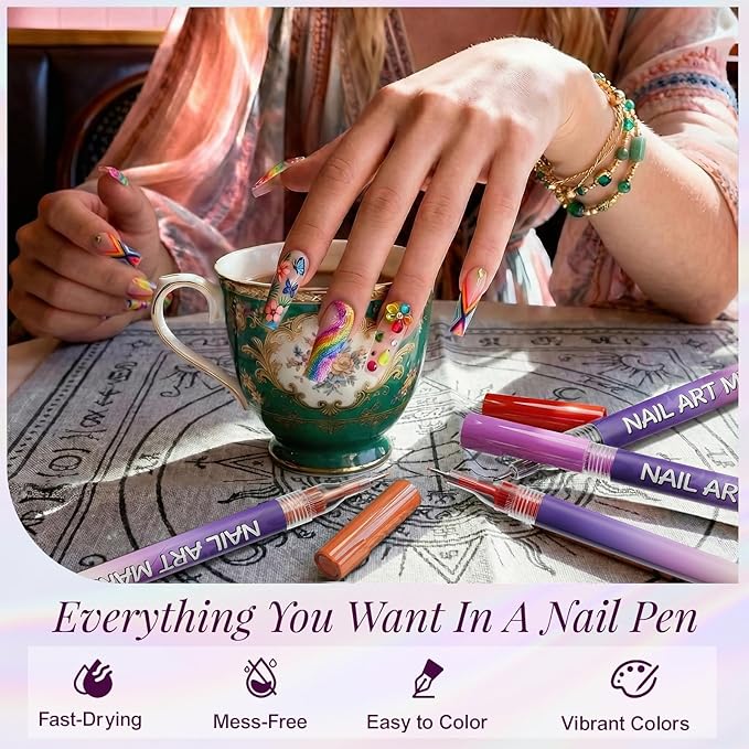 12 Color Nail Art Pens Set, Nail Art Markers & Nail Polish Pens with 0.5mm Fine Tip for Quick-Dry Graffiti, Dotting, Drawing, Painting, Liner - Professional DIY Home Salon Manicure Tools