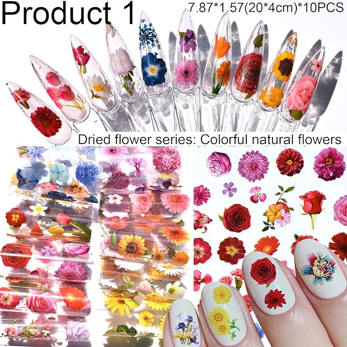 Nail Art Transfer Foils, 60 Pieces, Mixed Designs - Dried Flowers, Iridescent, Animal Print, Marble, Checkered Patterns, 1 Pcs Nail Art Engraving Pen Silicone Pen 7.87 x 1.57 inches(60)