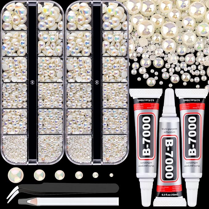 Flatback Pearls for Crafting with 3Pcs 10ml B7000 Jewelry Glue, 2 Boxes of Half Round Beige AB Pearls, Bedazzling Beads for DIY Crafts Clothing Tumblers Shoes Embellishment Nail Art
