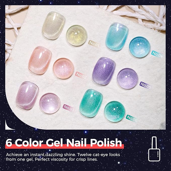 5-in-1 Cat Eye Gel Polish Kit, 6PCS-7.5ml No Base/Top Coat Needed, All-in-One Formula, Beginner-Friendly Magnetic Nail Art Set with Magnet Sticks, Fast Curing for Home DIY Manicure